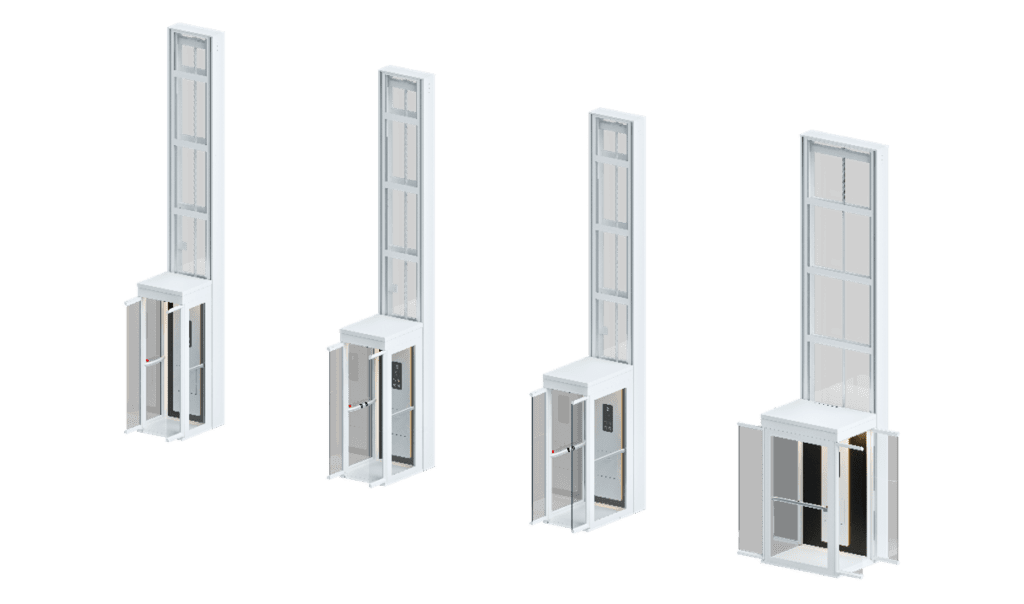 Four CGI renders of the Ascenda: Mini Elevator in S, M, L, and XL sizes, each with a white panoramic shaft and glass door.