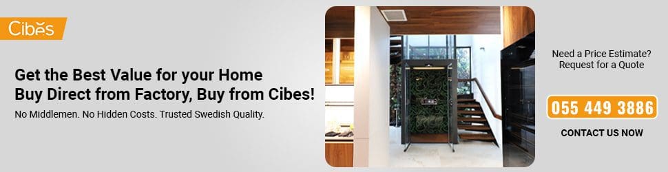 Cibes CTA banner showing a modern home lift installation with the message “Get the Best Value for your Home – Buy Direct from Factory, Buy from Cibes” and a contact number 055 449 3886.