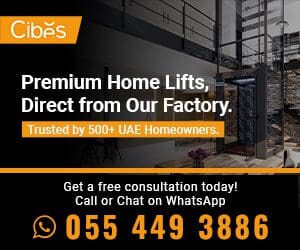Premium home lift advertisement with contact number for UAE consultation.
