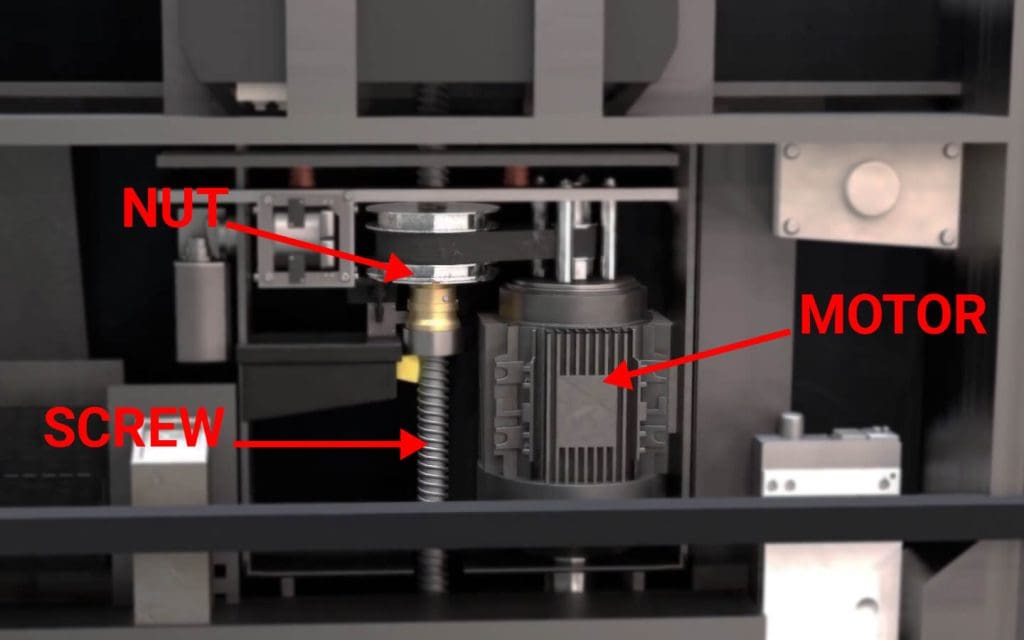 Close-up of a Cibes home lift drive showing the screw, the bronze nut, and the motor with red arrows and labels.