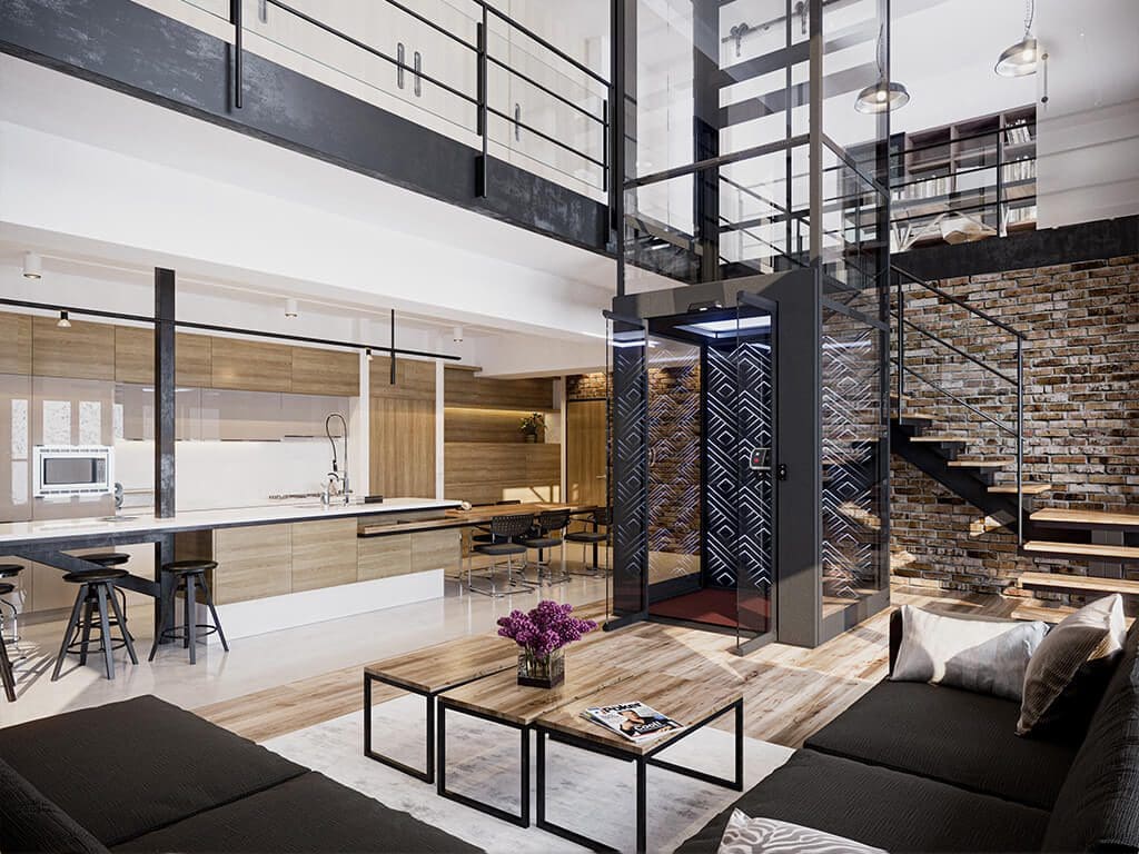 Screw-driven glass home lift by Cibes in a modern duplex living room.