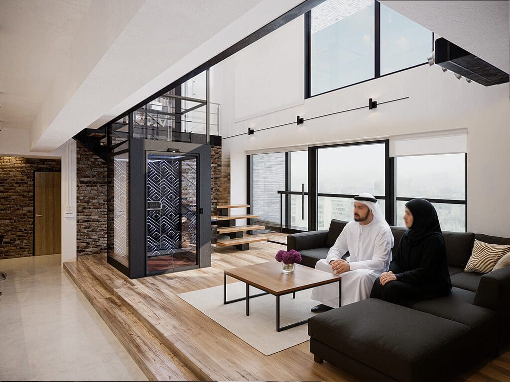 Cibes screw-driven home lift in an Emirati family home living room.