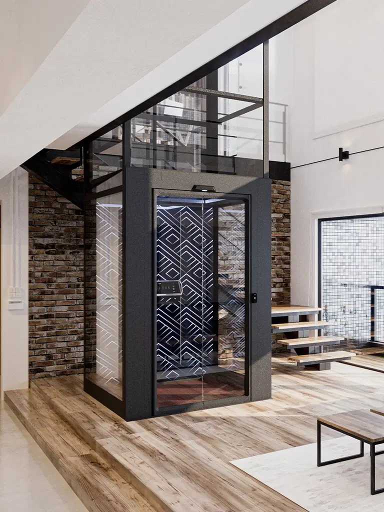 Modern home lift with geometric glass panels installed in a luxury villa interior featuring wooden flooring and open staircase.