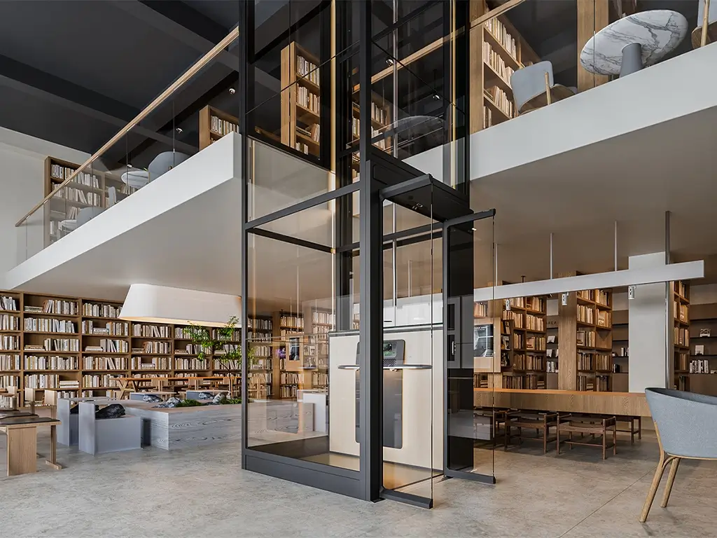 Cibes Air 2 home lift installed in a modern interior, featuring a panoramic glass shaft and space-saving platform lift design.