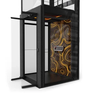 Luxury V90 home lift installation with black panoramic shaft and illuminated designer back panel.