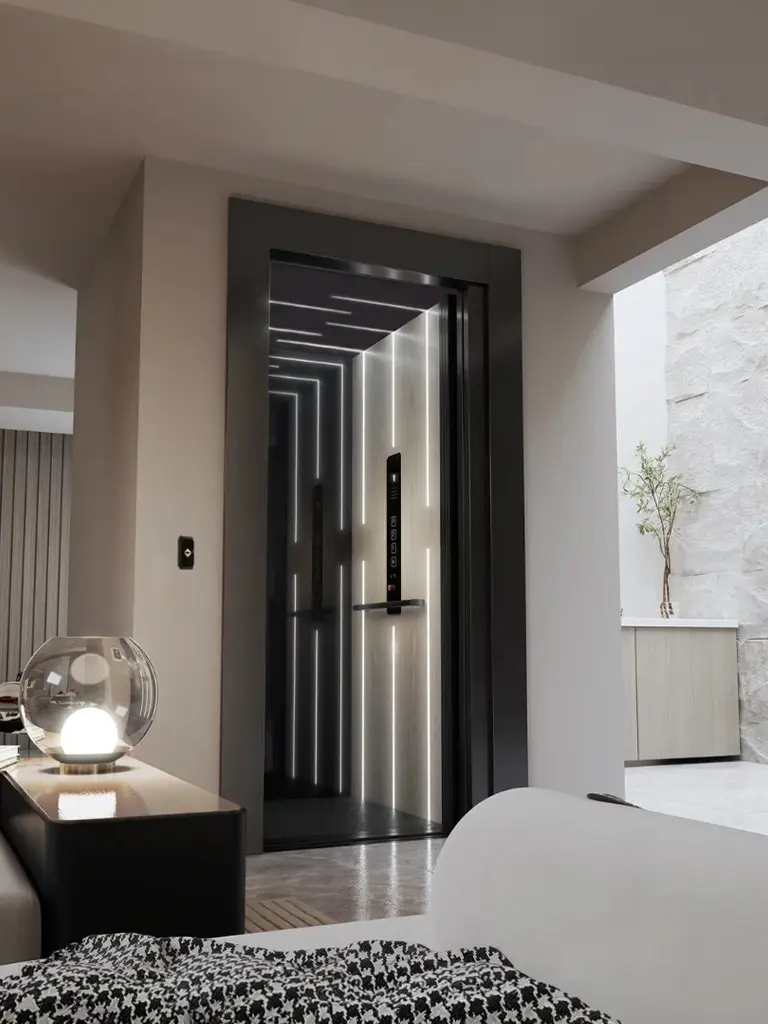 Luxury cabin home lift installed inside modern villa interior.