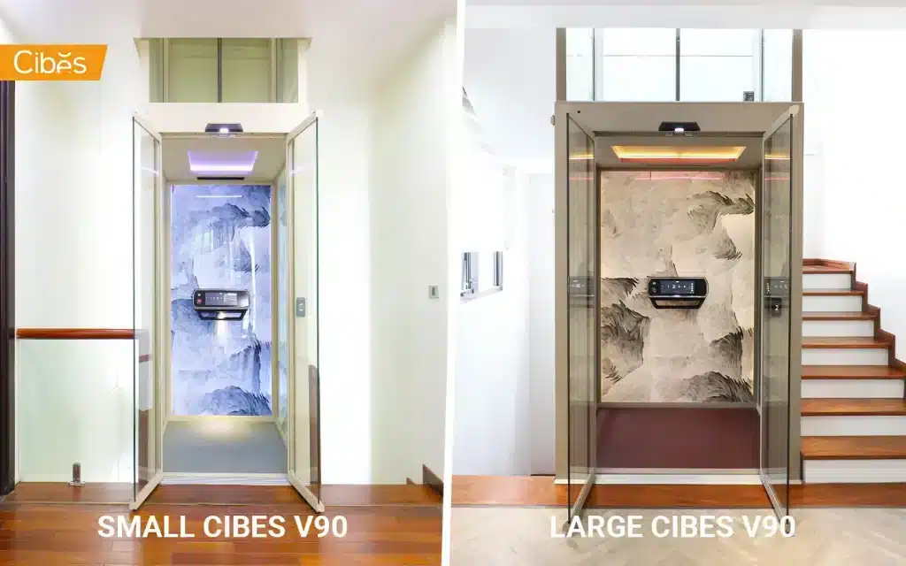 Small vs large home lift cabin size comparison inside residential villas.
