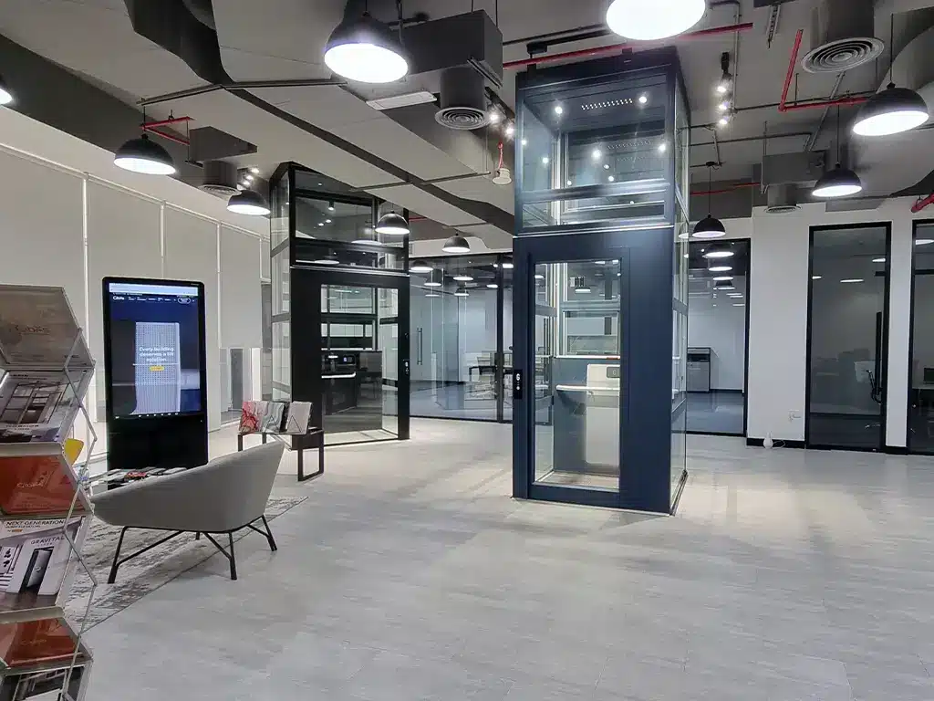 Cibes home elevator showroom in Dubai displaying a modern glass home lift installation.