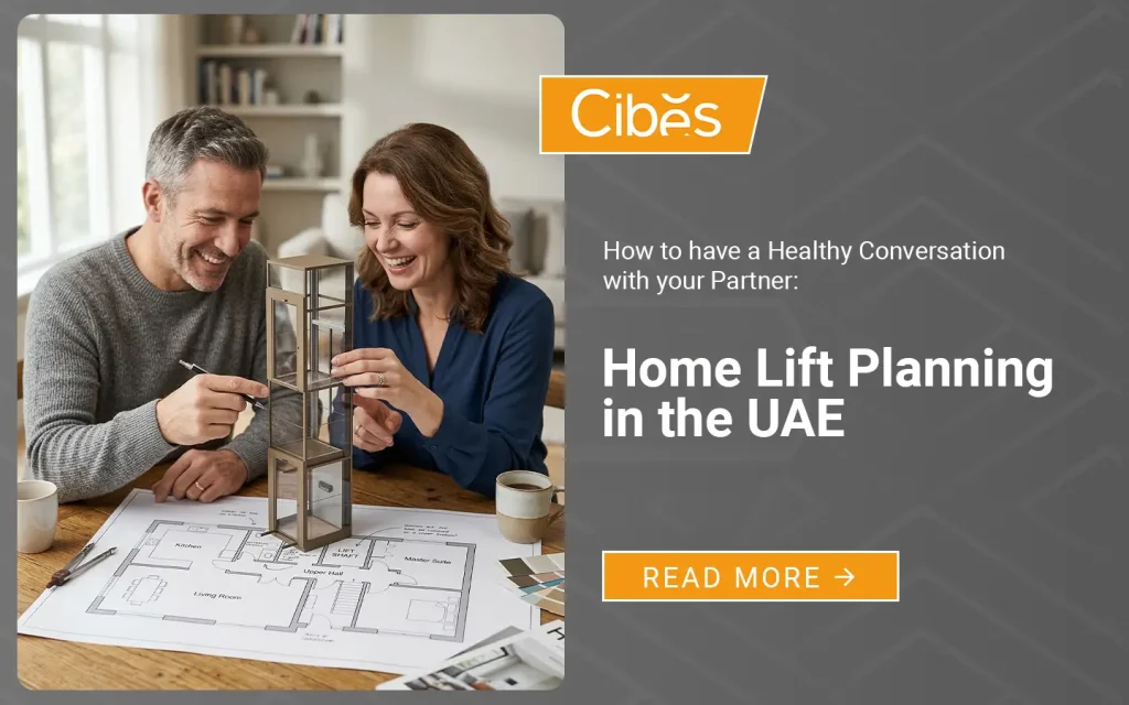 Couple planning home lift installation using villa floor plan and lift model.