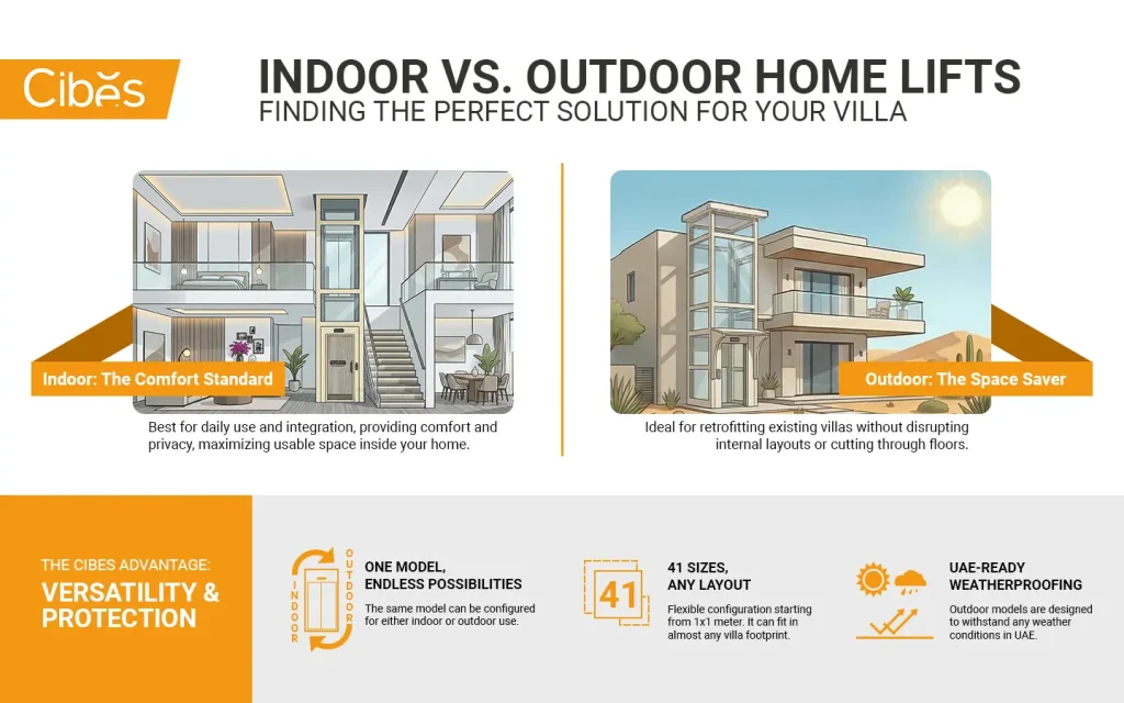 Indoor vs outdoor home lift comparison infographic showing installation options for villas.