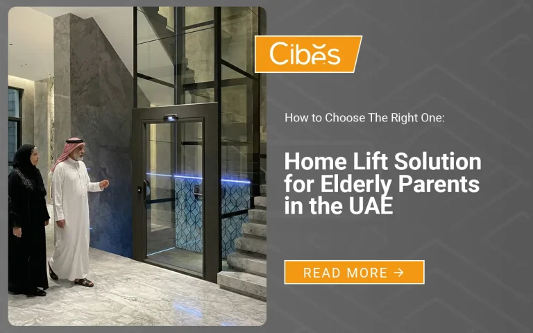 Elderly couple standing beside a home lift installed in a modern UAE villa.