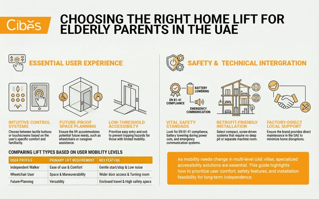 Infographic showing how to choose a home lift for elderly parents in the UAE.
