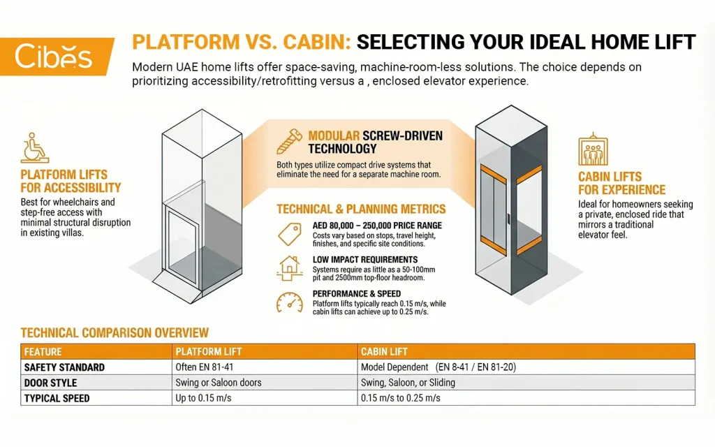 Infographic comparing platform lift vs cabin lift for UAE homes, showing features, price range, speed, and use cases.
