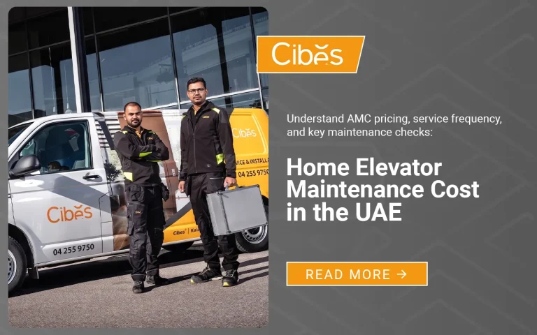 Cibes service technicians standing beside a service van for home elevator maintenance in the UAE.
