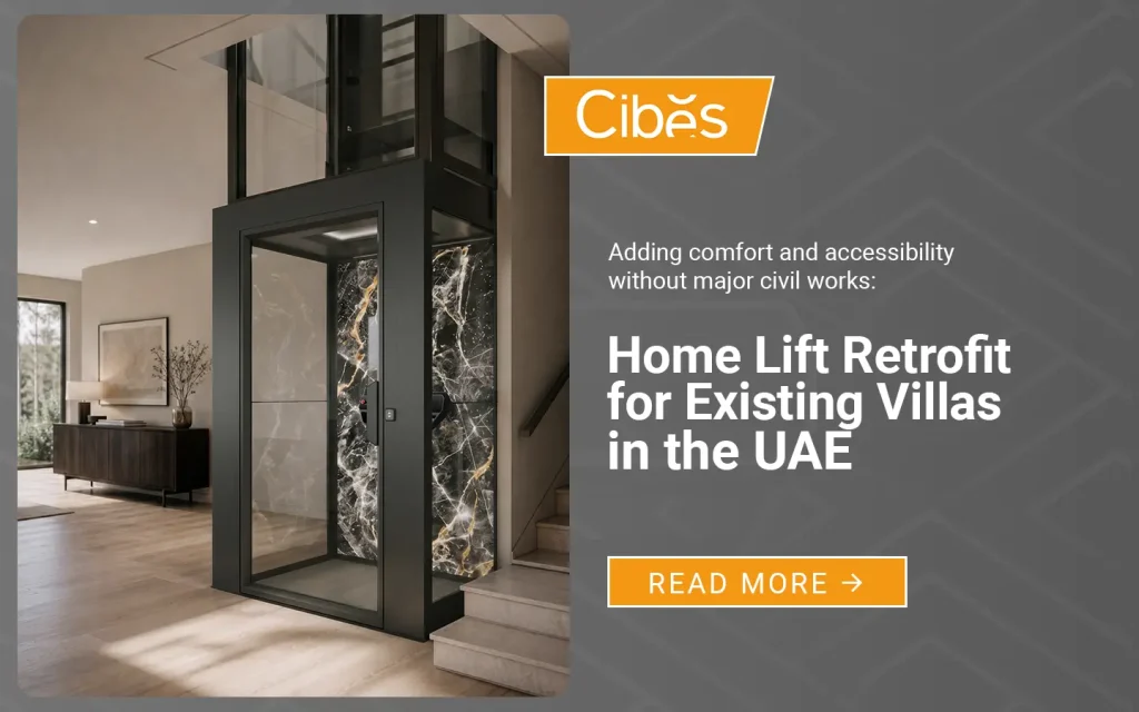 Home lift retrofit installed inside an existing UAE villa beside the staircase.