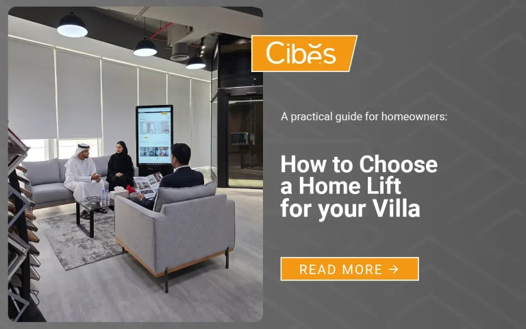 Home lift consultation at Cibes Dubai showroom with homeowners discussing lift options for a villa.