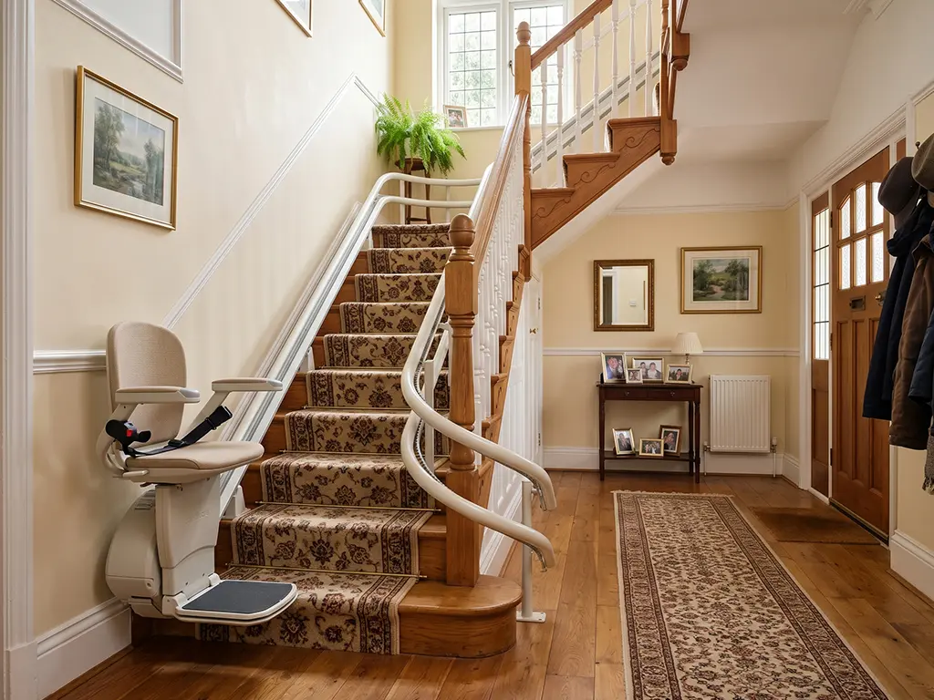 Stair lift installed on a residential staircase inside a traditional home.