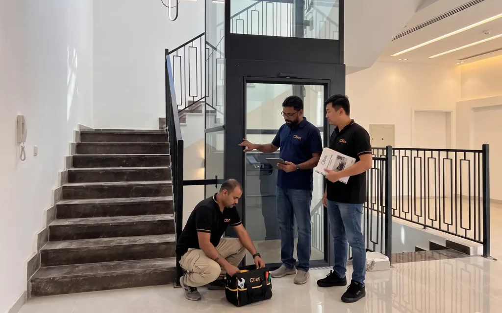 Cibes technicians preparing home lift maintenance inside a villa in the UAE.