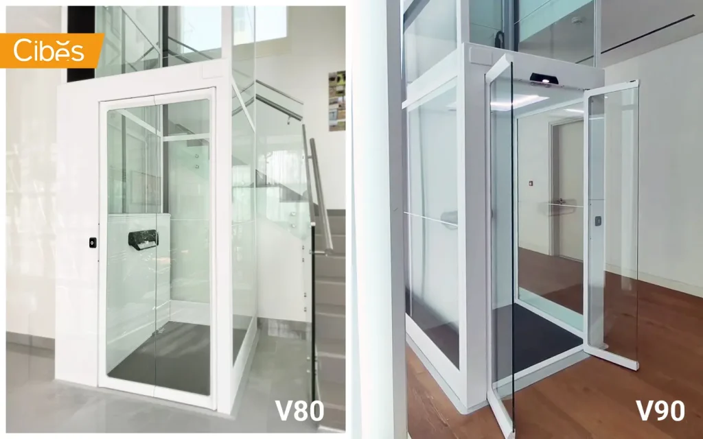 Cibes V80 and V90 home lift comparison showing two glass lift models installed inside modern villas.