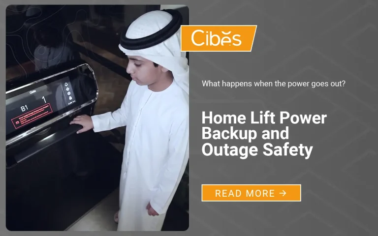 Child standing inside a home lift with the control screen showing a power outage safety message.