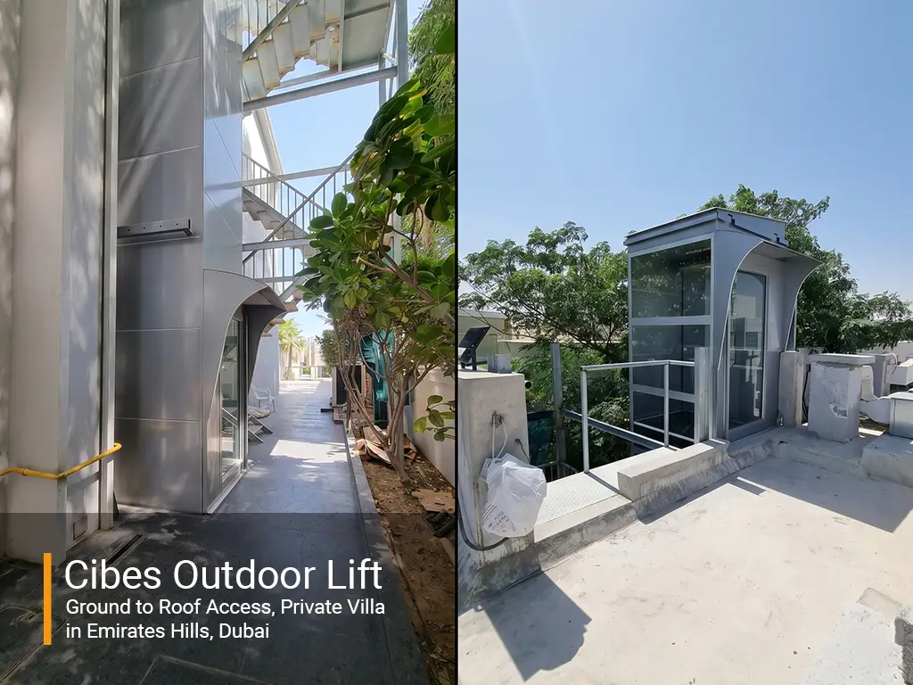 Cibes outdoor home lift installed in a private Emirates Hills villa, providing access from ground level to the roof.