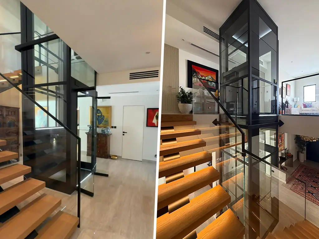 Cog Belt vs Screw Driven Home Lift Technology: Which Works Better for UAE Homes? 1 Cibes screw-driven home lift installed in the staircase void of a modern Dubai villa.
