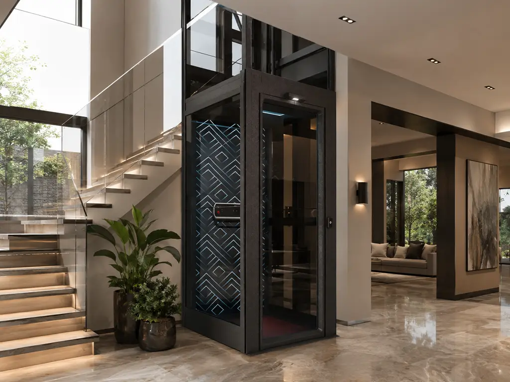Cog Belt vs Screw Driven Home Lift Technology: Which Works Better for UAE Homes? 2 Cibes V90 screw-driven home lift installed beside a staircase in a modern UAE villa.
